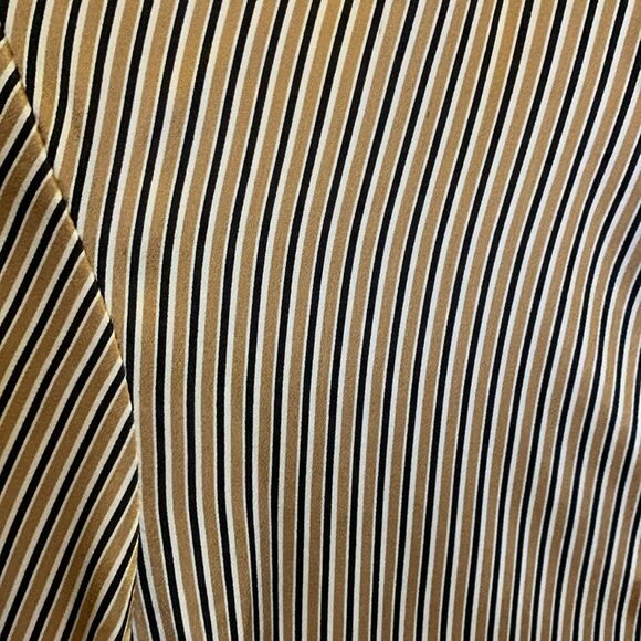 Peck & Peck Tan Navy Striped Silk Charmeuse V-neck Button Front Blouse Size 10 - Picture 5 of 12
